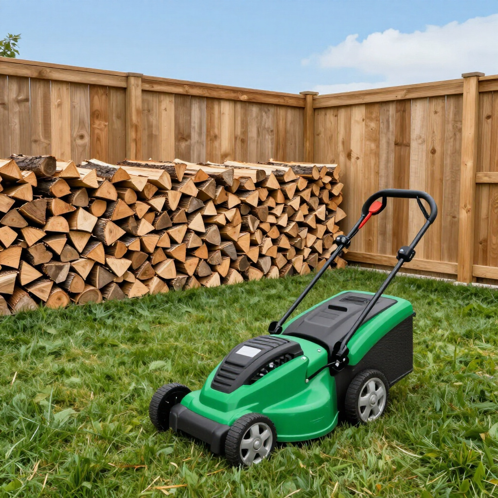 Stacked firewood and mower after tree work