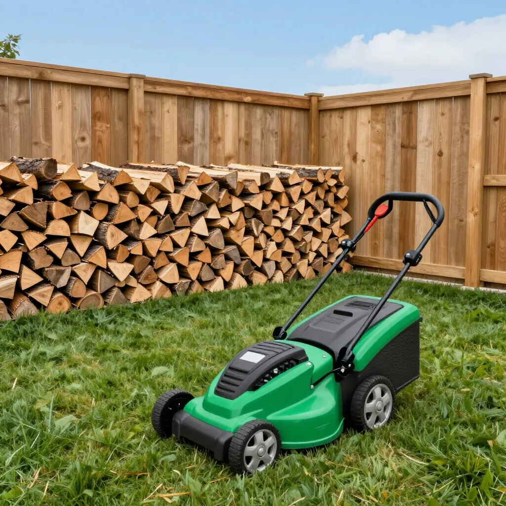 Stacked firewood and mower after tree work