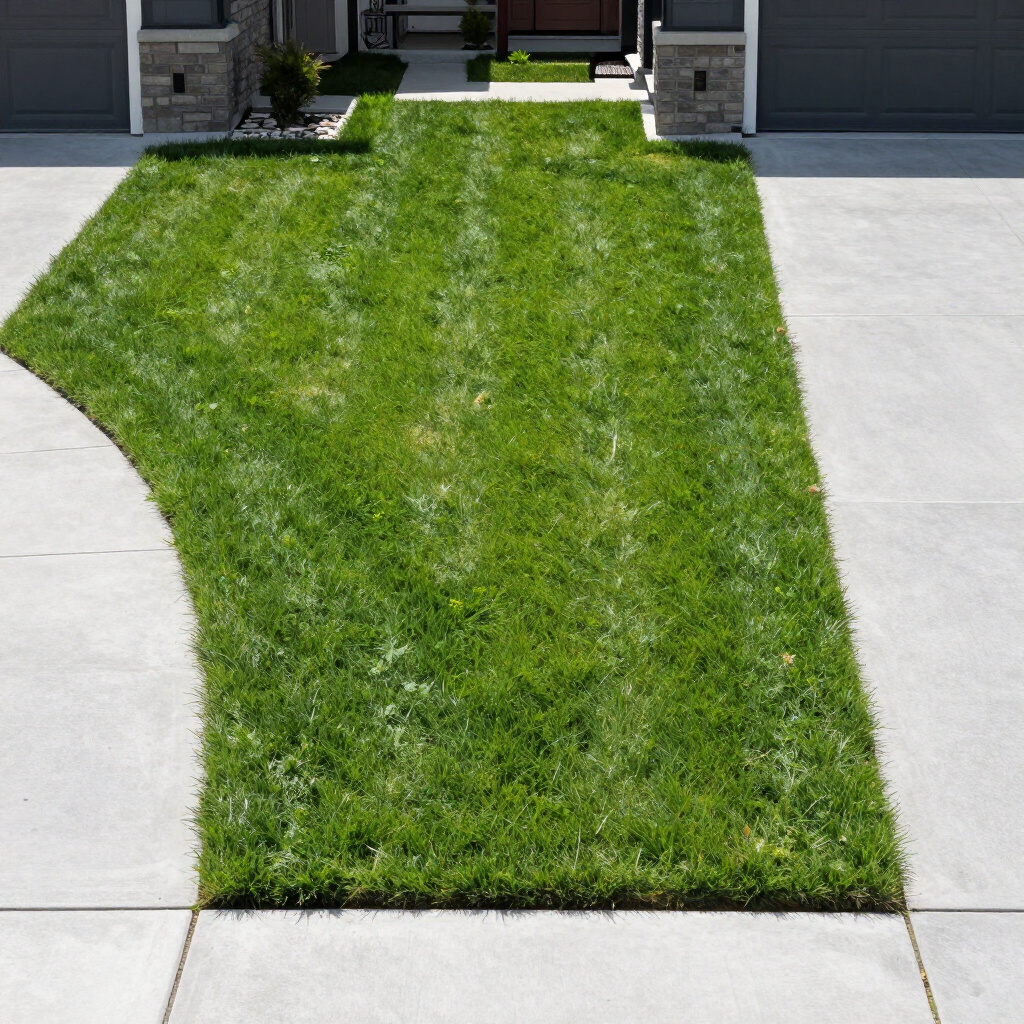 Freshly cut lawn between two driveways