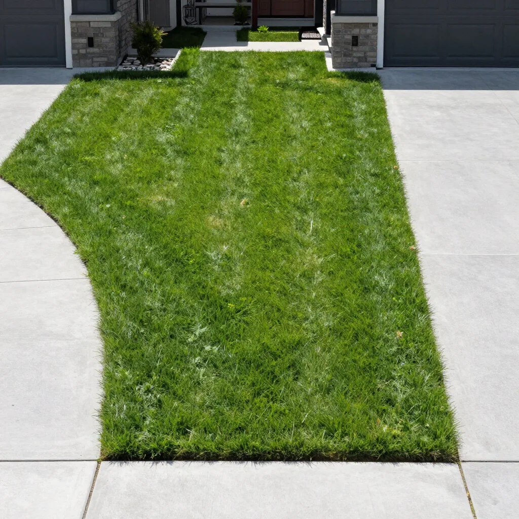 Freshly cut lawn between two driveways