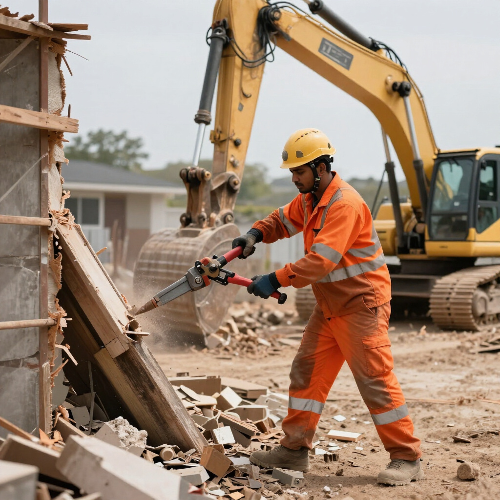 Crew member demolishing a structure with an excavator behind
